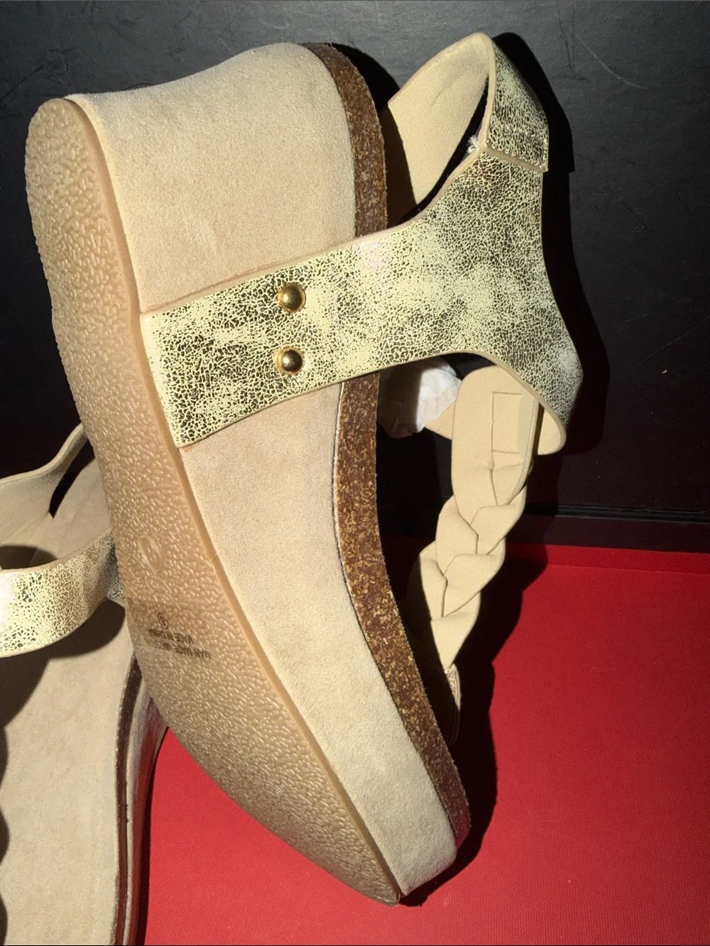 Natural Breeze NWOB Gold Braided T-Strap Wedge Sandals